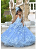 Blue Beaded Lace Tulle Blossom Flower Girl Dress